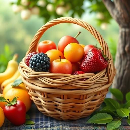 フルーツキャッチのゲーム画面。バスケットでフルーツをキャッチしている様子